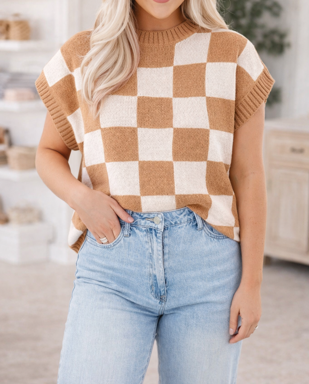 Beige Colorblock Ribbed Trim Sweater February.