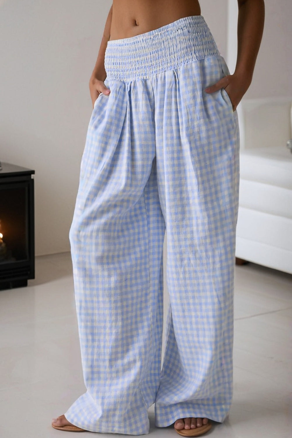 Blue Plaid Smocked Loose Pants RTS