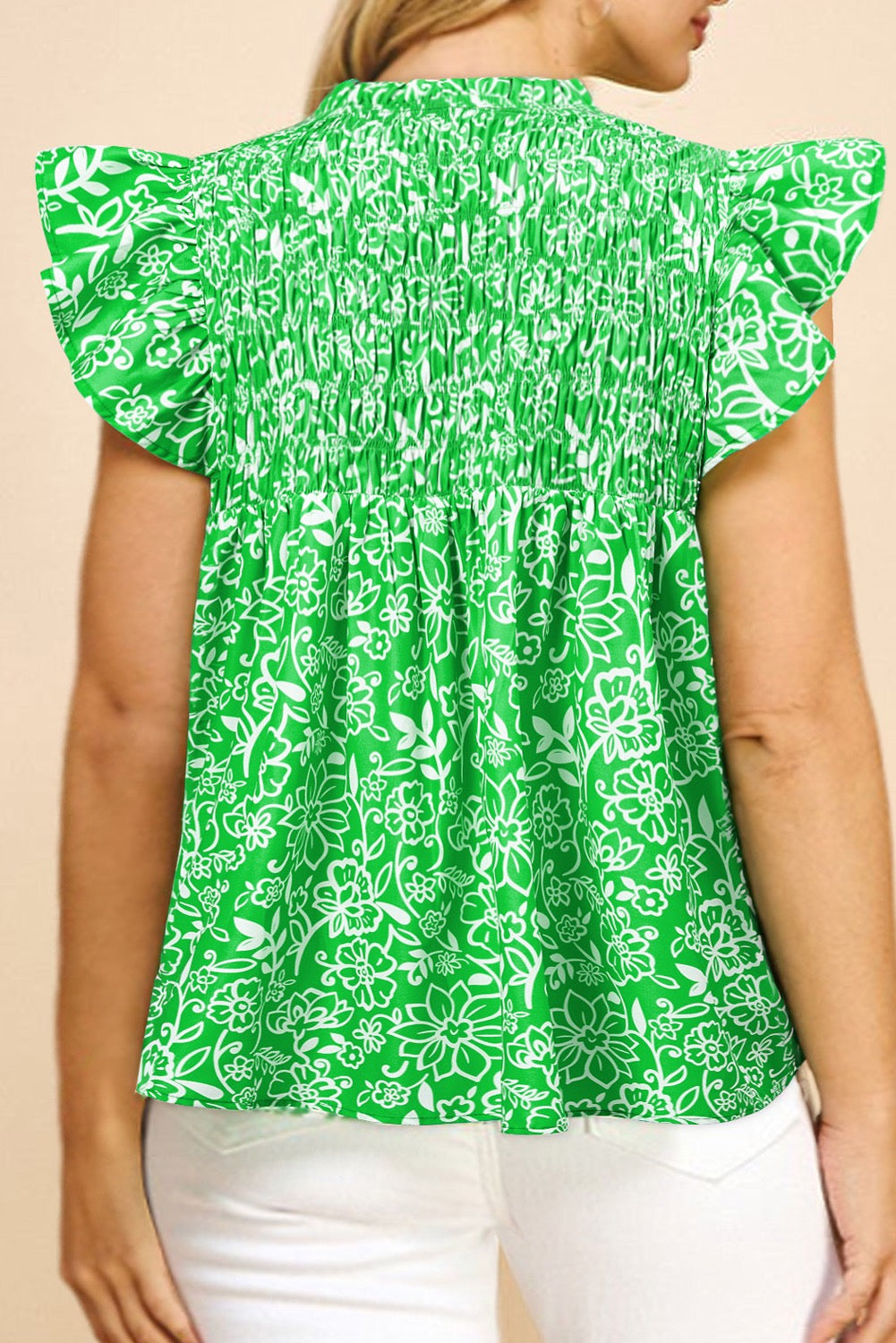 Green Floral Flutter Sleeve Plus Size Blouse RTS